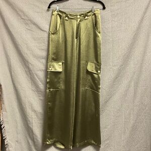 Wide Leg Satin Pants - Green